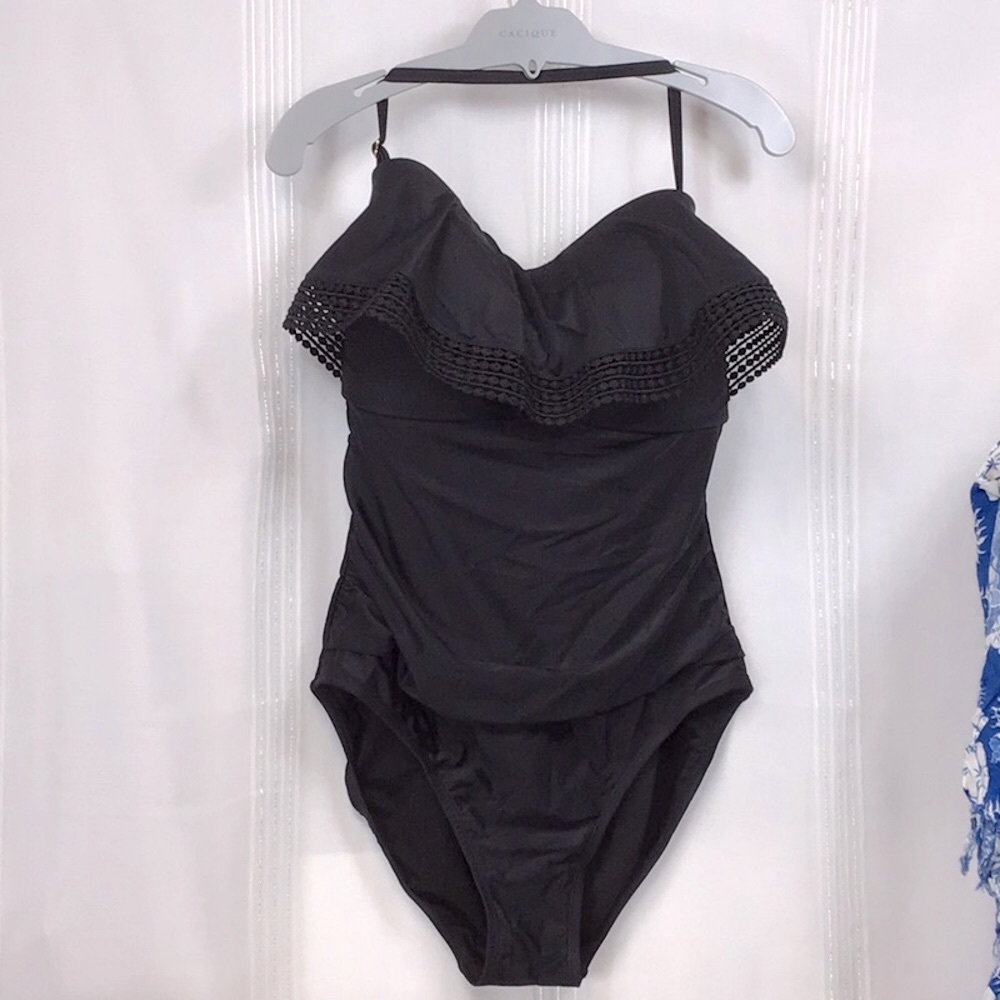 🖤 KONA SOL Black Ruffle Crochet Ruched Sides High Back Sz.XL